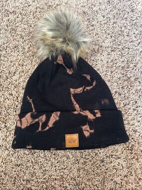 Black Tie-Dye Knit Pom Beanie